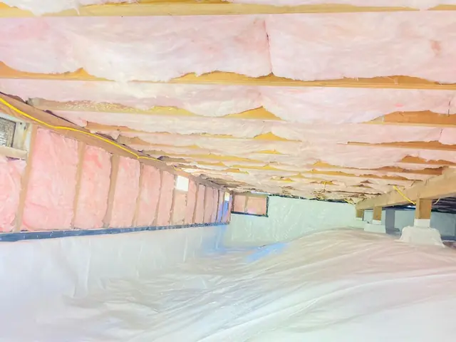 Crawl space sealed with vapor barrier under new floor insulation