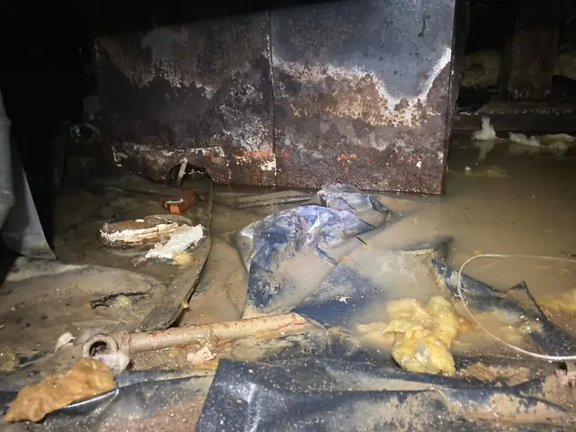 Standing water and debris in a crawl space