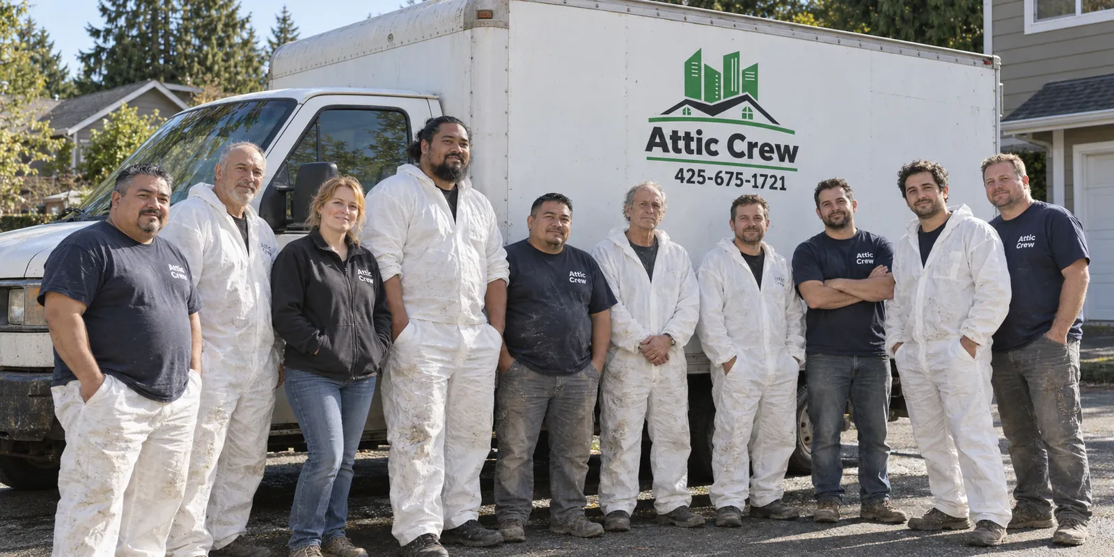 Representative image of the Attic Crew team beside a company box van