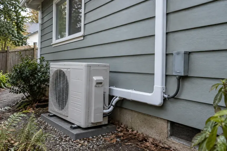 A clean and well-installed line set cover runs vertically up the lap siding of a Craftsman-style home in a typical Seattle neighborhood.