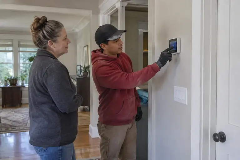 A homeowner and technician are seen adjusting and setting up a modern thermostat inside a cozy Seattle Craftsman home.