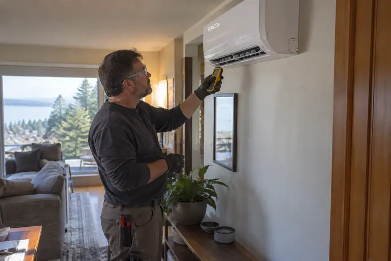A technician checks a new ductless indoor unit.