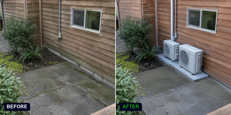 Air conditioning installation at a 1980s split-level cedar-sided home: before and after
