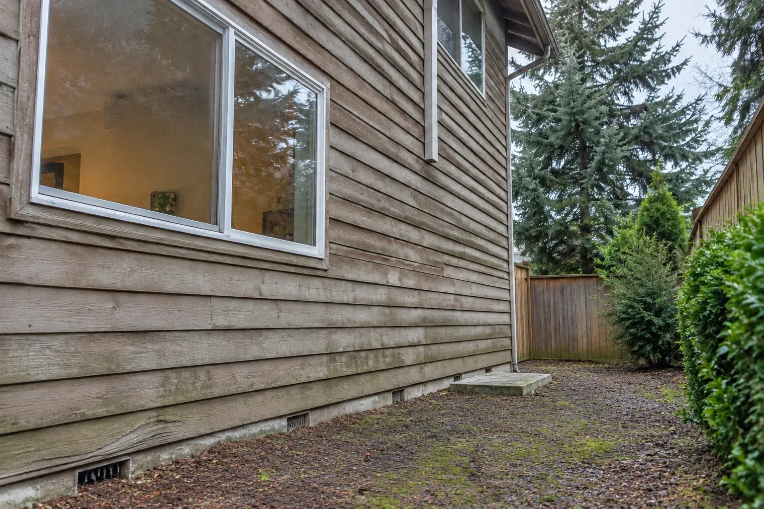 Before: Before installation, the side yard shows the existing concrete pad awaiting the new air conditioning unit.
