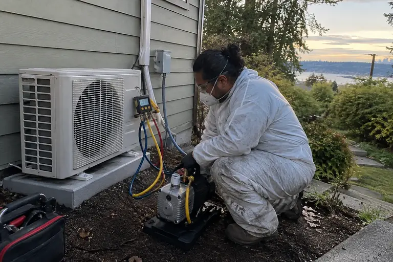 Technician uses a vacuum pump and micron gauge to complete a heat pump installation at a Seattle home.