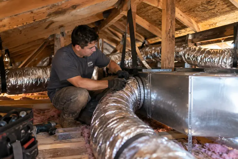 A technician installs a new insulated flexible duct system in a Craftsman bungalow attic.