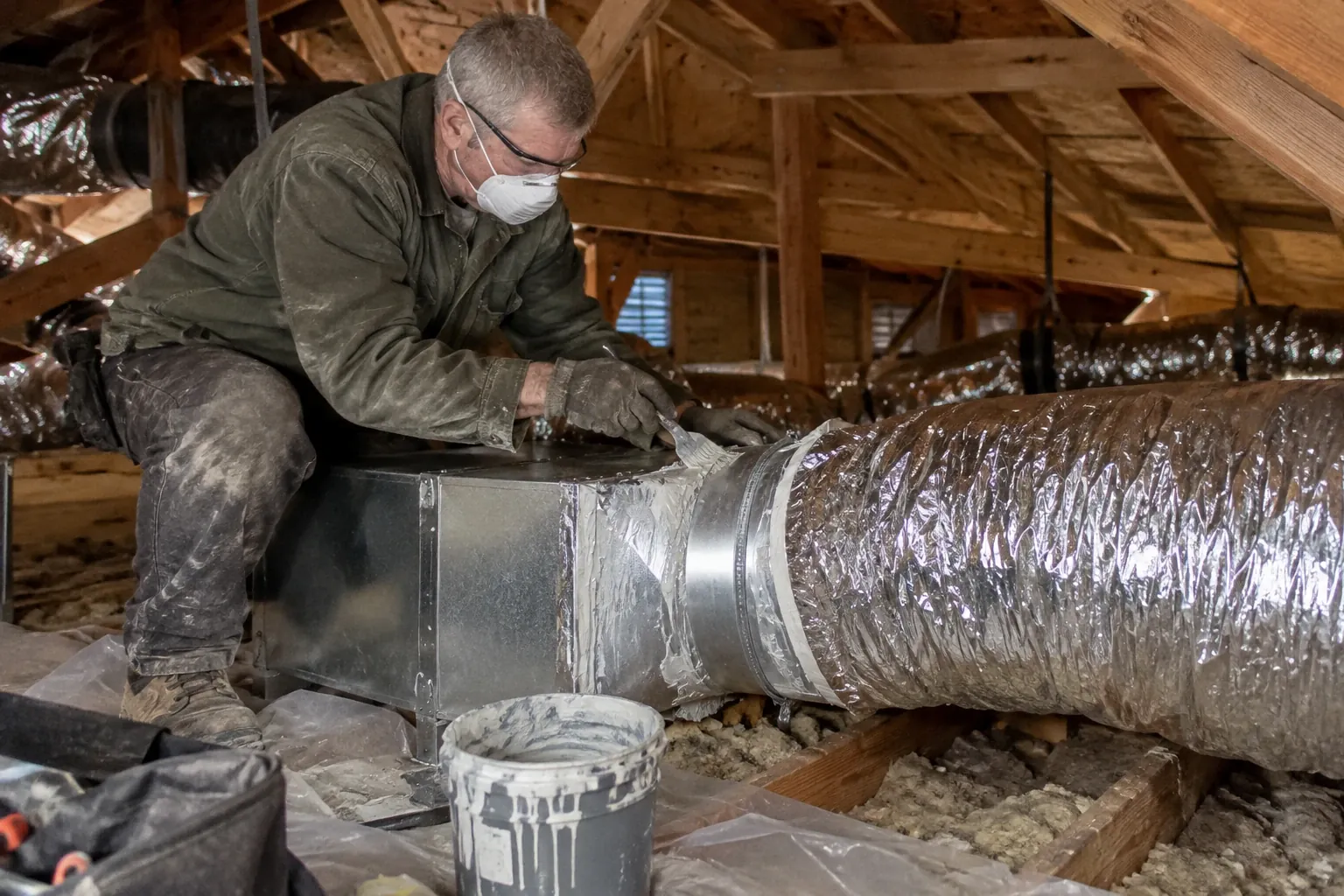 A technician seals a new air duct connection using mastic and a draw band in an attic space.