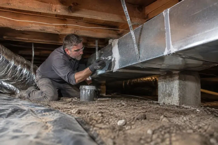 A technician seals a new sheet-metal trunk in a crawl space.