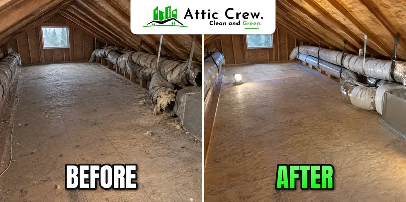 Air duct replacement in a 1950s mid-century rambler attic: before and after