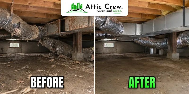 Air duct replacement in a 1970s Craftsman bungalow crawl space: before and after
