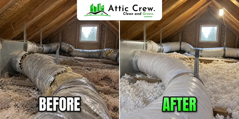 Air duct replacement in a 1990s two-story suburban attic: before and after