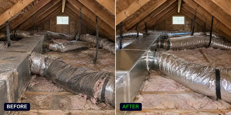 Air duct replacement in a split-level Seattle home attic: before and after