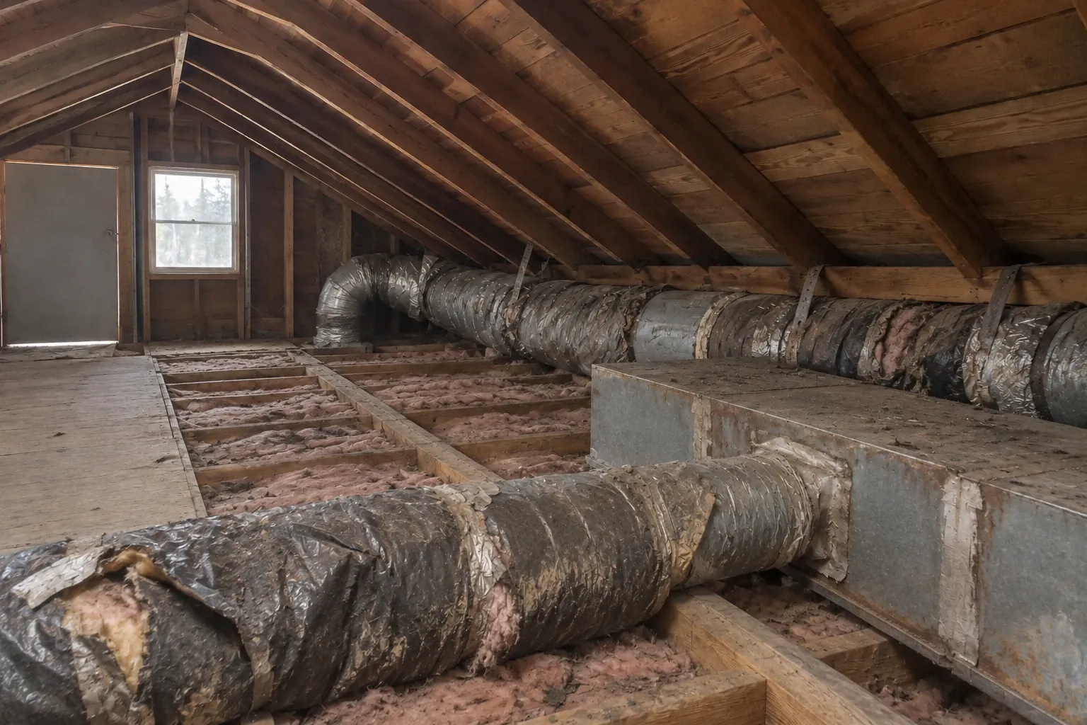 Before: The attic’s old air duct system is visibly damaged, leaking, and crushed, contributing to inefficient airflow and energy loss.