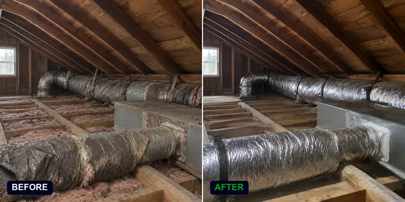Air duct replacement in a Tacoma craftsman bungalow attic: before and after