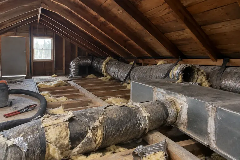 Air duct replacement in a Tacoma craftsman bungalow attic, in progress: A technician carefully removes the damaged ductwork and prepares the space by clearing insulation to access floor joists and duct runs.