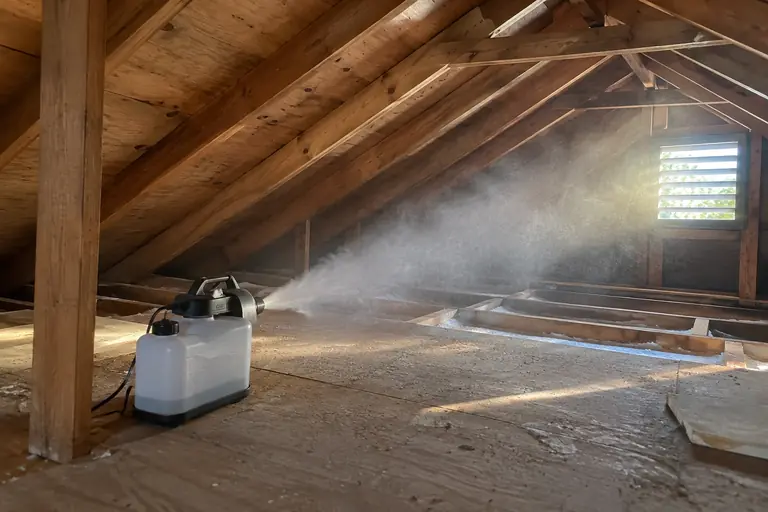 A fogger sanitizing a cleared attic.