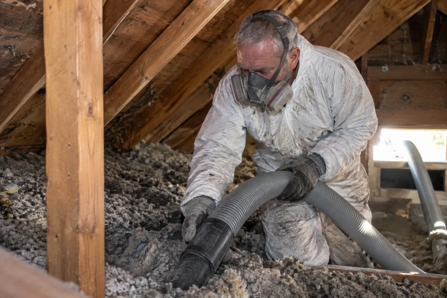 Technician in a respirator vacuuming rodent waste from a contaminated attic