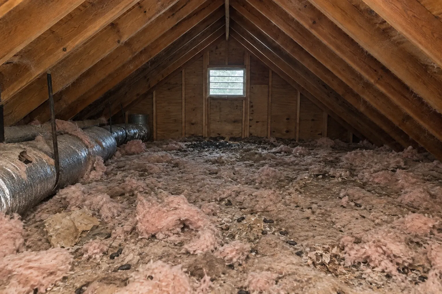 Before: Rodent droppings and debris heavily contaminate the attic insulation floor near the vent, showing the need for professional Attic Cleanup.