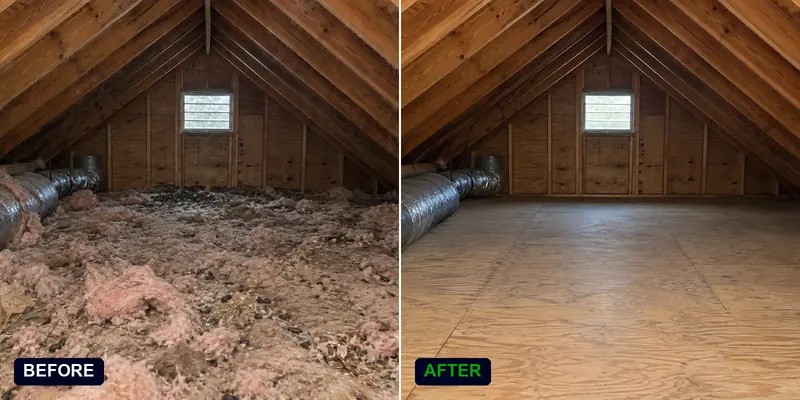 Attic cleanup in a Seattle Craftsman bungalow attic: before and after