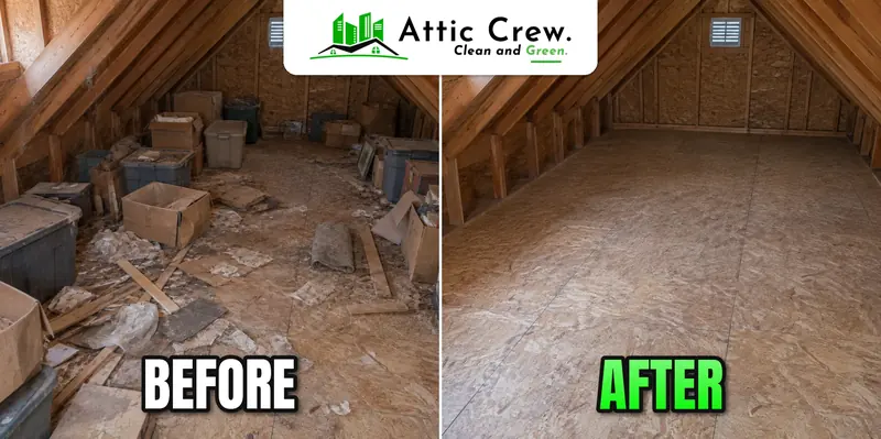 Attic cleanup of old storage and debris in Eastside attic: before and after