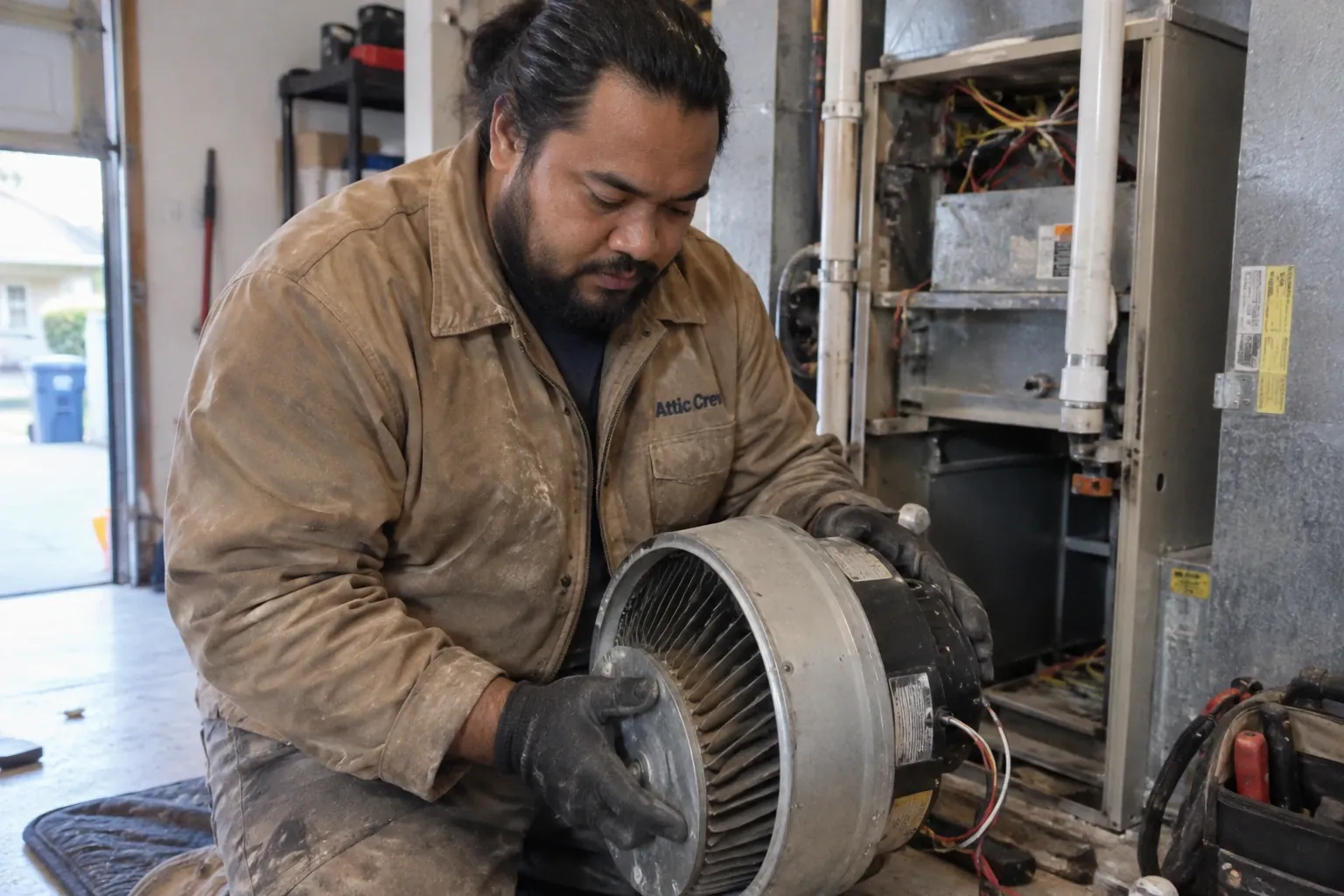 A technician’s hands carefully inspecting and removing the blower assembly from a residential gas furnace located in a garage