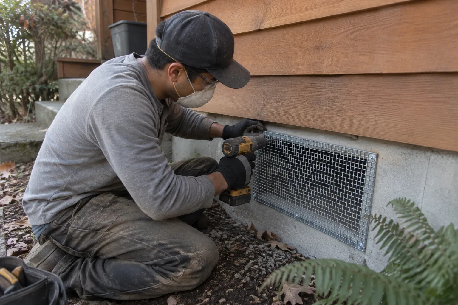 A technician is installing galvanized steel mesh over a foundation crawl-space vent on a cedar-sided home to prevent rodent entry