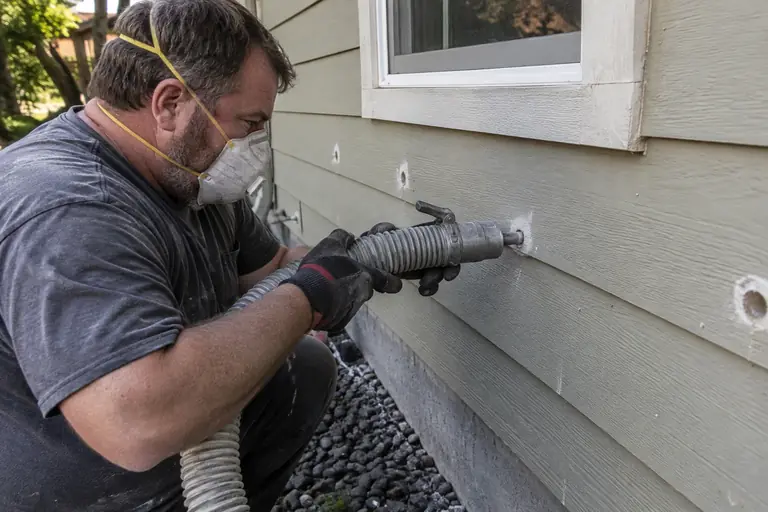 A technician blows insulation into the lap siding of a mid-century rambler.
