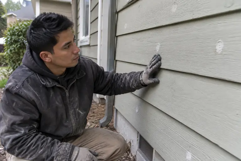 A technician checks the patched siding after wall insulation.