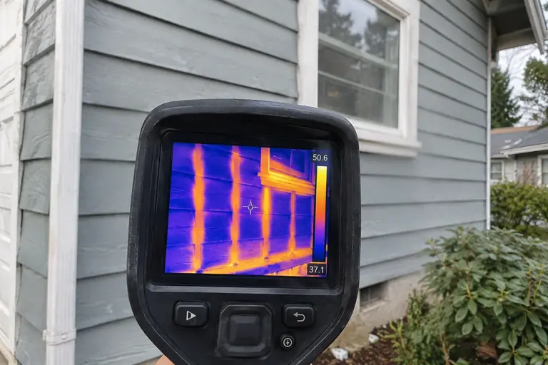 A technician uses a thermal camera to inspect a cold, uninsulated exterior wall of a Craftsman home, revealing cool-blue cavities.