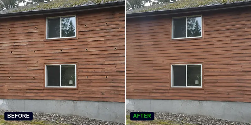 Cavity wall insulation on a 1990s two-story cedar-sided home: before and after