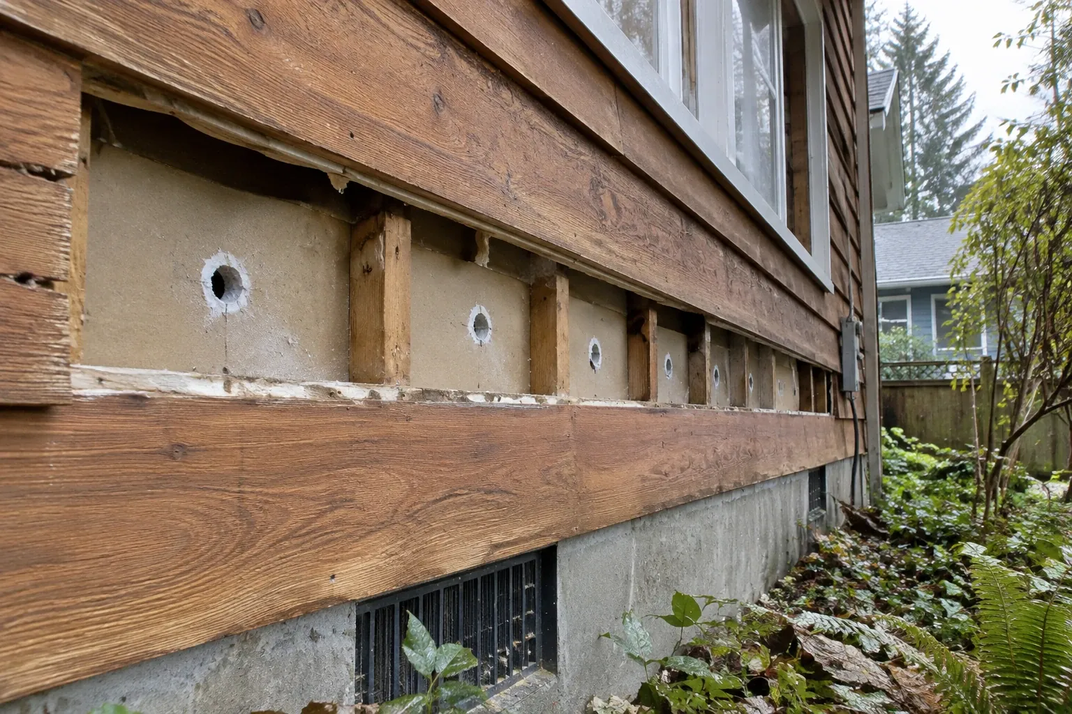 Close-up of cedar siding with a drilled hole pattern and lifted siding boards revealing the cavity wall for insulation installation preparation.
