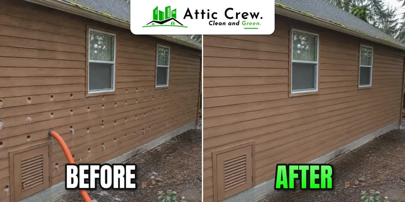 Drill-and-fill on a two-story cedar-sided home: before and after