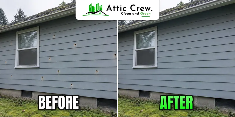 Drilled and patched siding on a post-war rambler: before and after