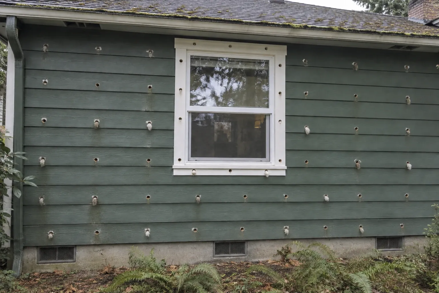 Before: The exterior wall clearly shows the numerous drill holes used for cavity wall insulation.