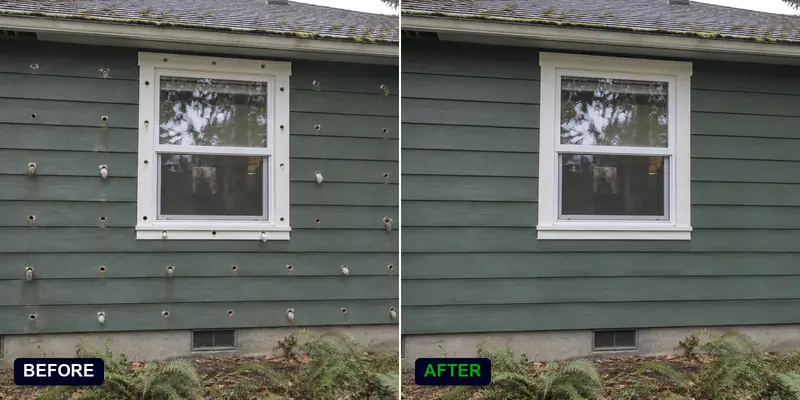 Exterior drill-and-fill on a Craftsman rambler: before and after