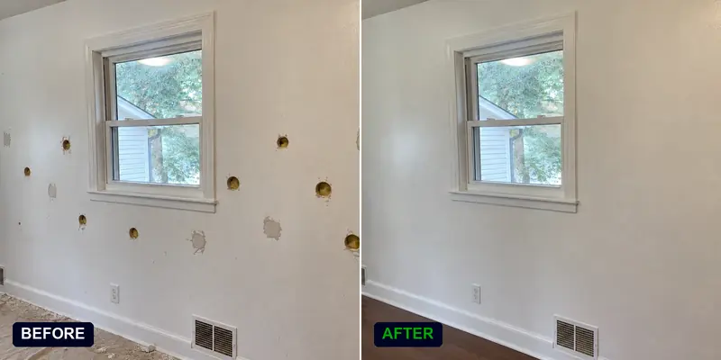 Interior drill-and-patch on a mid-century rambler: before and after