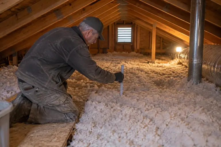 A technician checks the depth of newly blown-in attic insulation.