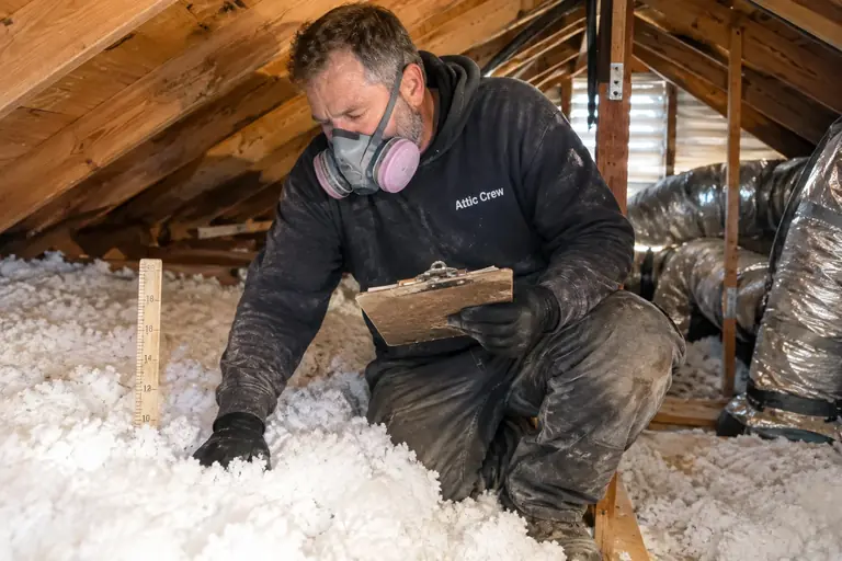 A technician documents a finished attic insulation job.