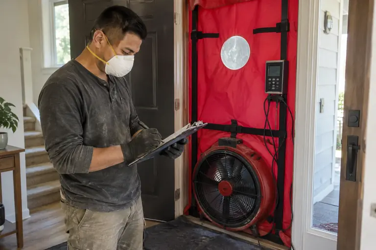 A technician runs a blower door test to measure air leakage.