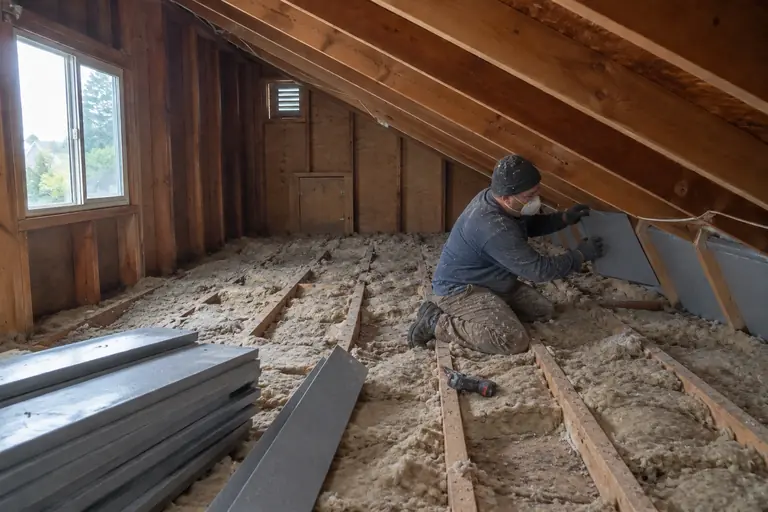 Attic insulation upgrade in Rainier Beach, in progress: Installing baffles along the roof eaves to ensure proper airflow and prevent insulation from blocking venting.