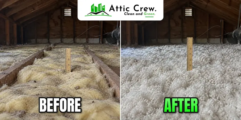 Attic insulation upgraded to R-60: before and after