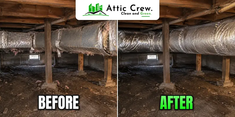 Basement duct sealed and wrapped: before and after