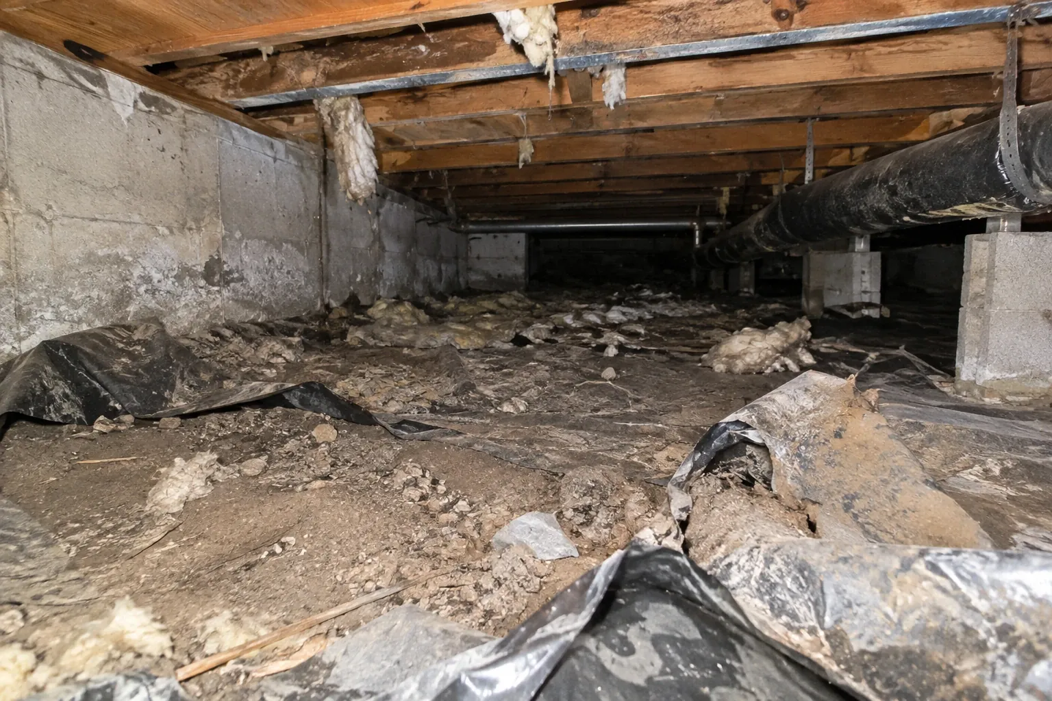 A crawl space with a torn vapor barrier and debris.