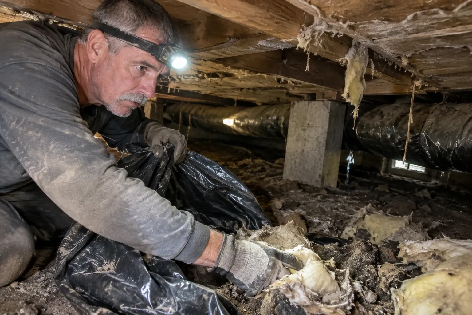 A technician cleans debris and old insulation from a vented crawl space beneath a Craftsman bungalow.