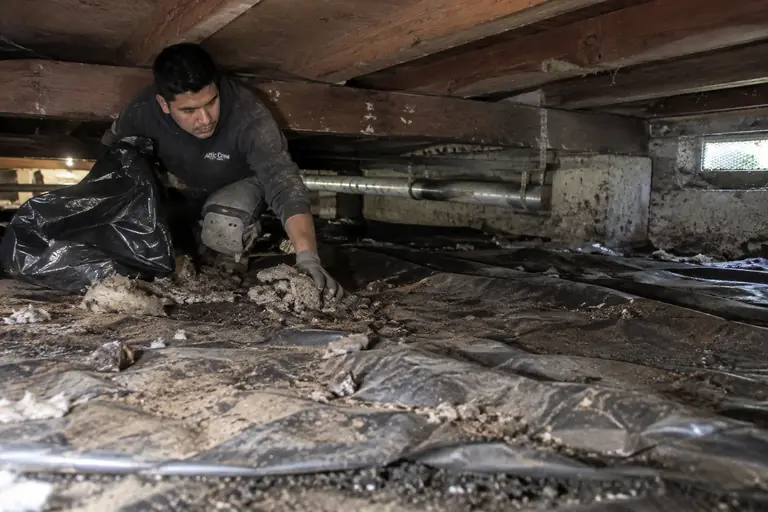 A technician inspects a vented crawl space under a Craftsman bungalow.