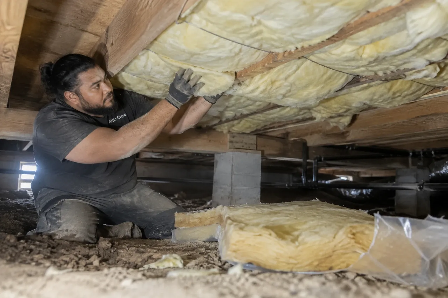 A technician installs new under-floor insulation in a crawl space.
