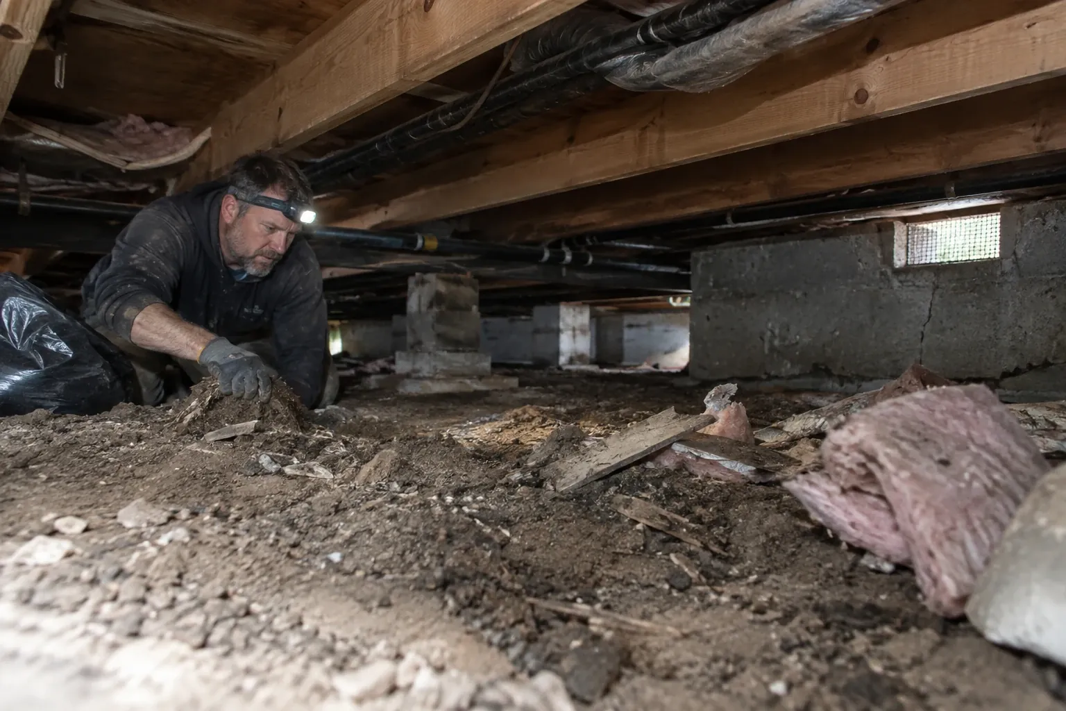 A technician is cleaning debris and old insulation in a vented crawl space of a Craftsman bungalow.