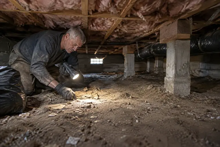 A technician removes debris and old insulation from a crawl space.