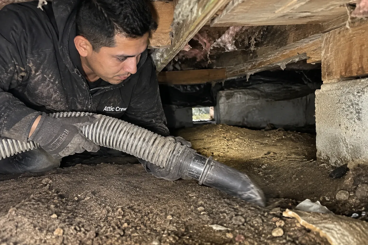 A technician removes old debris and torn polyethylene vapor barrier from a vented crawl space beneath a Craftsman bungalow on an overcast day.