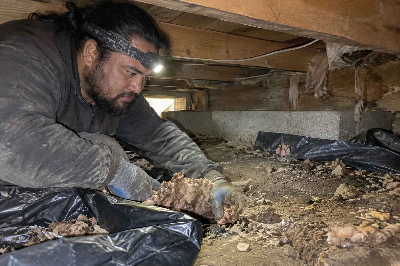 A technician removes old insulation and debris from a vented crawl space beneath a Craftsman bungalow.